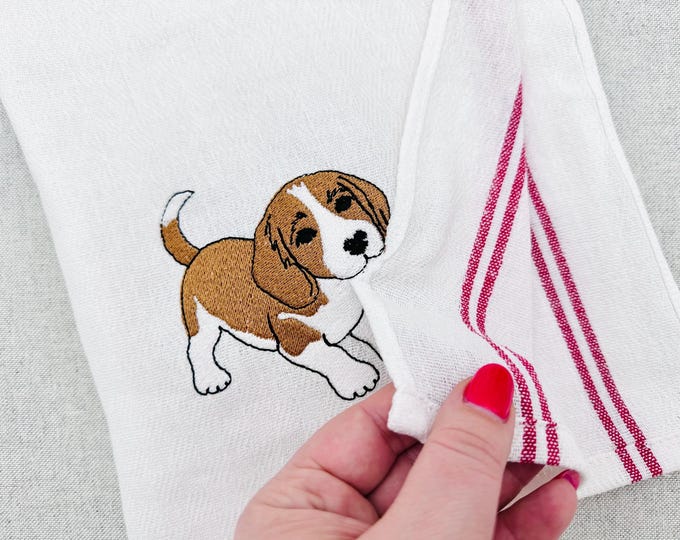 Cute Playing Beagle Puppy Dog Mama kitchen dish towel pet animal kids machine embroidery designs ITH project simply in the hoop