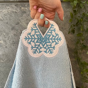 Christmas snowflake frozen bath towel topper hanging hole In The Hoop machine embroidery designs, ITH project towel hanger kids gift idea image 1