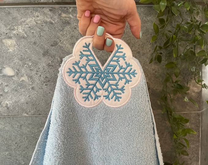 Christmas snowflake frozen bath towel topper hanging hole In The Hoop machine embroidery designs, ITH project towel hanger kids gift idea