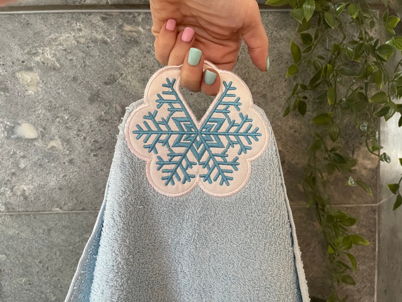 Christmas snowflake frozen bath towel topper hanging hole In The Hoop machine embroidery designs, ITH project towel hanger kids gift idea image 1