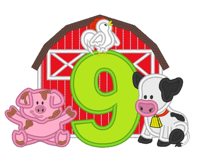 Farm Barn animals birthday number NINE 9 with barn, cow, pig, rooster, cute farm machine embroidery design applique design 5x7 6x10 8x8 8x12