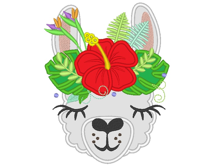 Tropical Llama or alpaca head with summer hibiscus flower crown machine embroidery applique Summer llama face drama llama design