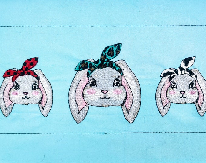 Triple three Bunnies in a row Bunny head in 3 bandanna bow leopard & cow print and polka dot machine embroidery designs Set of 3 bunnies