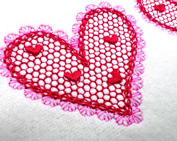 Three Hearts in a row Heart patterned lace effect and awesome lace edge machine embroidery designs sizes 5 up to 9 in Valentines Day Border