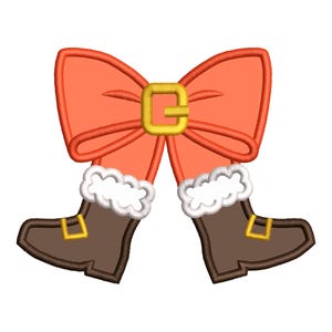 May include: A pair of brown boots with white fur trim and a red bow with a gold buckle. The boots are tied together with the bow.
