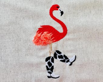 Fringed fluffy chenille Flamingo bird Cowboy Boots machine embroidery designs small sizes 4, 4.5, and 5 inches Cowgirl kids outfit design