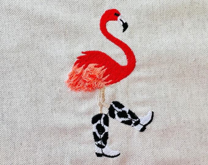 Fringed fluffy chenille Flamingo bird Cowboy Boots machine embroidery designs small sizes 4, 4.5, and 5 inches Cowgirl kids outfit design