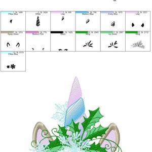 May include: A Christmas-themed embroidery design featuring a unicorn's face with a pink and blue horn, green holly leaves, and snowflakes. The design is 4.97 inches by 5.37 inches and has 26,150 stitches.