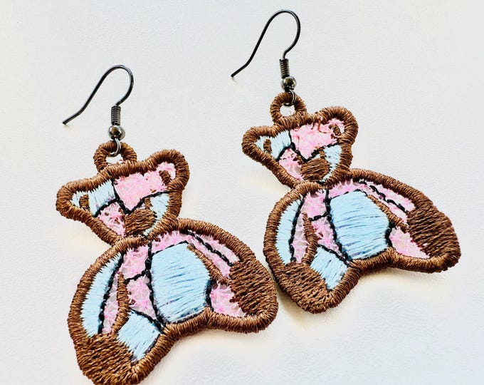 Adorable Patchwork Teddy Bear charm earrings FSL freestanding lace machine embroidery designs kids girls pretty earrings simply in the hoop