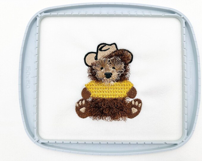 Fringed fluffy Teddy Bear Dan with Cowboy Hat and Knit Sweater kids chenille fringe machine embroidery designs mini sizes 3.5 up to 5 inch