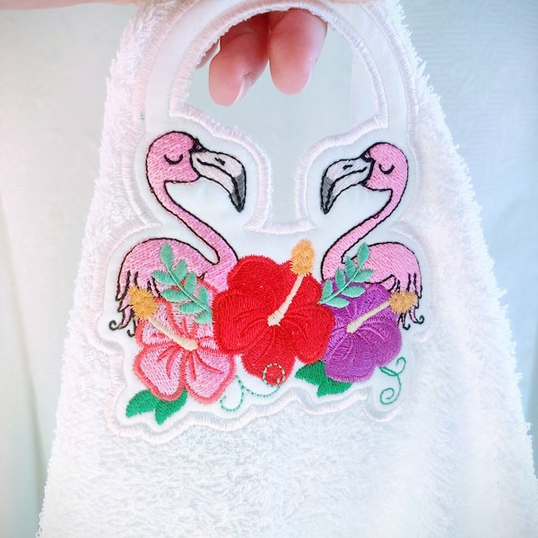 Two flamingos floral hibiscus towel hanging hole towel topper in the hoop ITH machine embroidery designs ITH project hoop 4x4, 5x7, 6x10