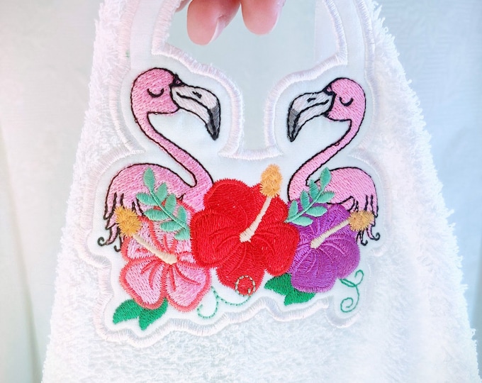 Two flamingos floral hibiscus towel hanging hole towel topper in the hoop ITH machine embroidery designs ITH project hoop 4x4, 5x7, 6x10