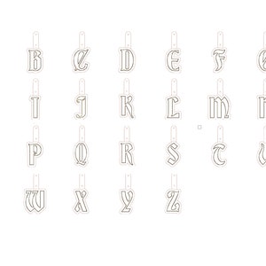 May include: A set of 26 alphabet letter stencils in a black and white design. The letters are in a traditional gothic font style.