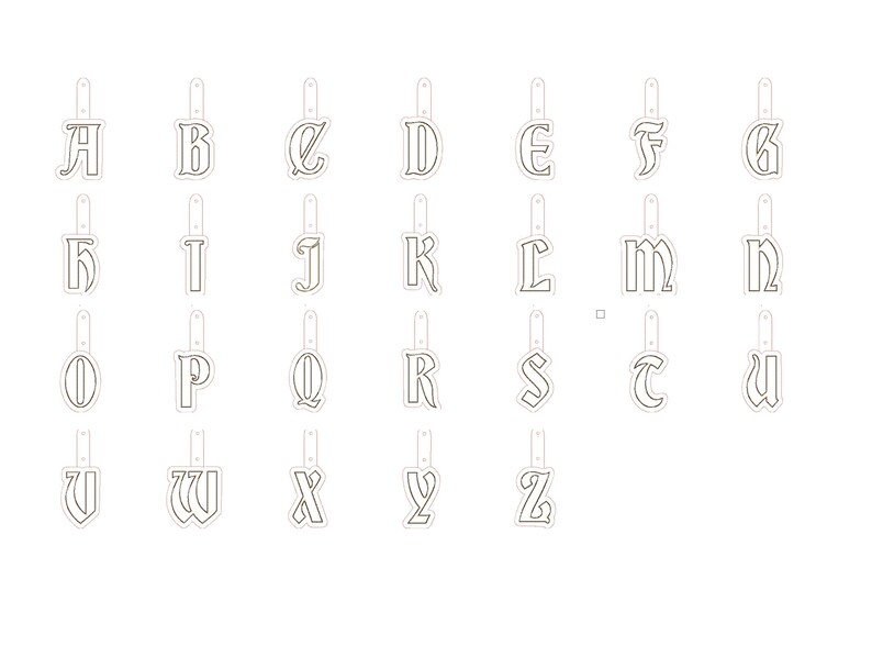 May include: A set of 26 alphabet letter stencils in a black and white design. The letters are in a traditional gothic font style.
