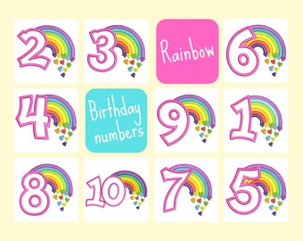 Cute Rainbow Birthday Numbers Set 1-10 machine embroidery applique designs size 4, 5, 6, 7 inches rainbow baby kids birthday number monogram