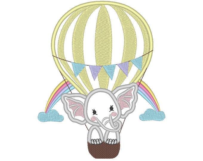 Little Elephant travelling in a hot air balloon machine embroidery applique design assorted sizes 6, 7 and 8 inches for kids, girl and boy