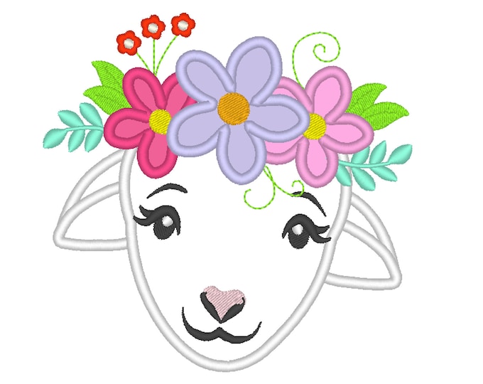 Little lamb, sheep applique face head with floral crown 3 flowers machine embroidery applique designs - multiple sizes for hoop 4x4 5x7 6x10