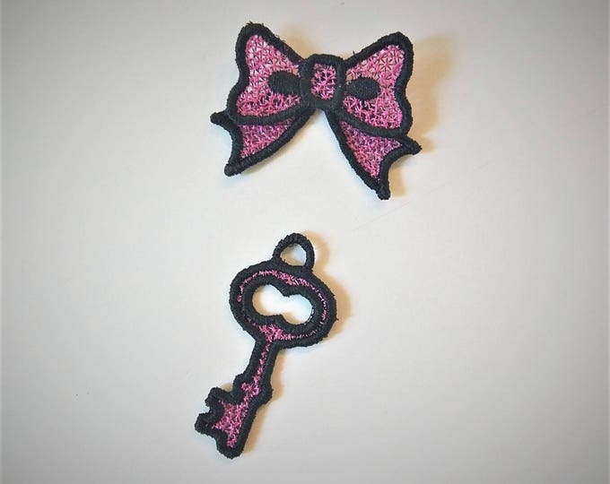 Little Princess bow and key pendant - FSL Free standing lace, mini bow and little key machine embroidery designs hoop 4x4 girl jewelry