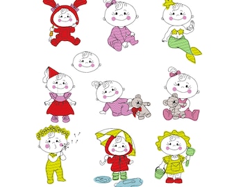 Baby Girl machine embroidery designs and outline applique designs, SET of 10 designs for hoop 4x4 and 5x7, adorable baby, INSTANT DOWNLOAD