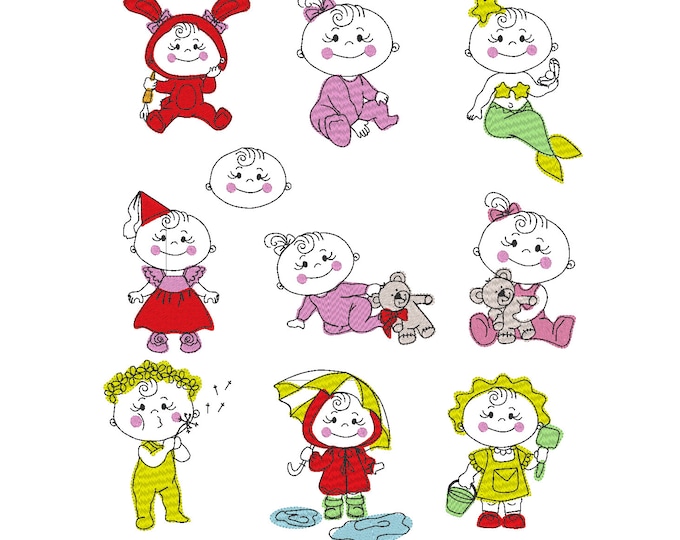 Baby Girl machine embroidery designs and outline applique designs, SET of 10 designs for hoop 4x4 and 5x7, adorable baby, INSTANT DOWNLOAD