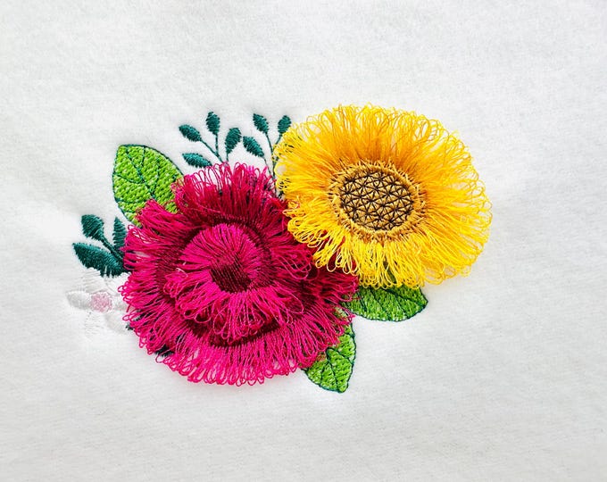 Fringed Sunflower and Rose Peony Bouquet fluffy fringe Flower girls machine embroidery designs fuzzy chenille design sizes 3.5 up to 5 inch