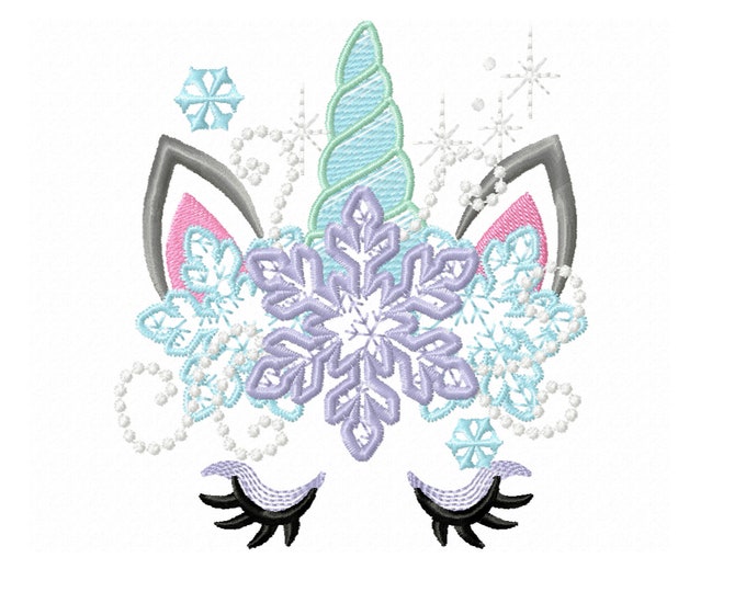 Frozen Christmas Unicorn head with snowflake crown Unicorn face kids girls light stitch machine embroidery designs hoop 4x4 5x7 6x10 8x12