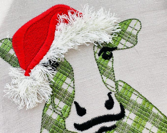 Cow Fringed Santa Hat Scottish gingham plaid machine embroidery designs fluffy fringe in the hoop sweet farm home plaid sweatshirt design