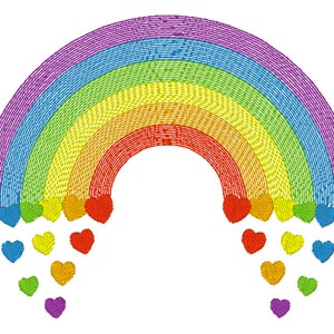 May include: A rainbow arch with a purple, blue, green, yellow, orange, and red color scheme.  Hearts in the same colors as the rainbow are falling from the arch.