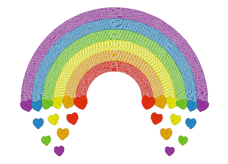 May include: A rainbow arch with a purple, blue, green, yellow, orange, and red color scheme.  Hearts in the same colors as the rainbow are falling from the arch.