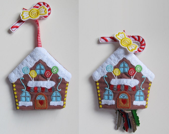 Christmas ginger house, key case, key fob, key cover, key pocket, ITH In The Hoop machine embroidery design 4x4, 5x7 Xmas cute keychain