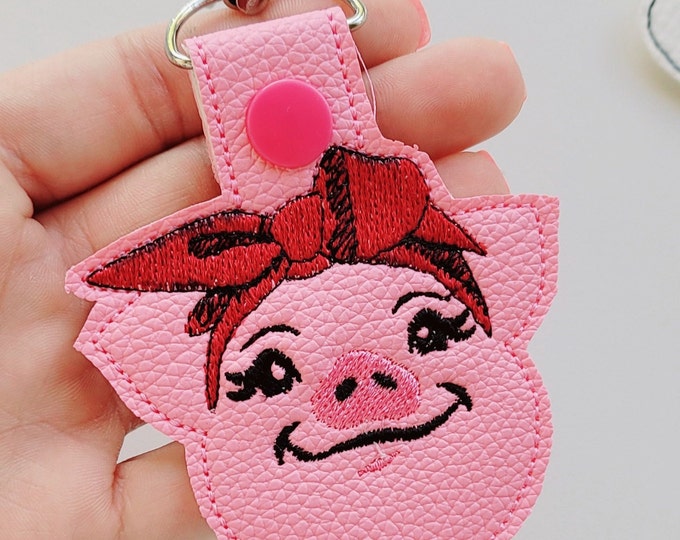 Pig with bandanna Piggy Piglet head ITH key fob snap tab machine embroidery designs keychain feltie in the hoop 4x4 Cute Pig farm girl