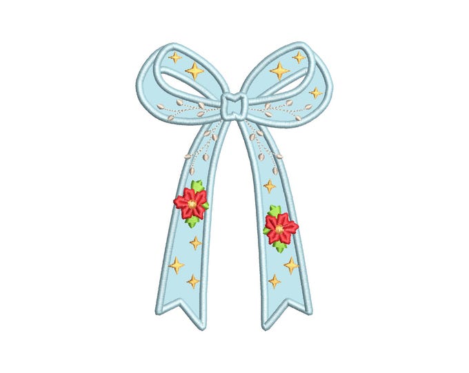 Christmas Festive Bow Applique machine embroidery designs floral thin narrow Poinsettia Flower ribbon Girly Bow many sizes from 4 to 8 inch