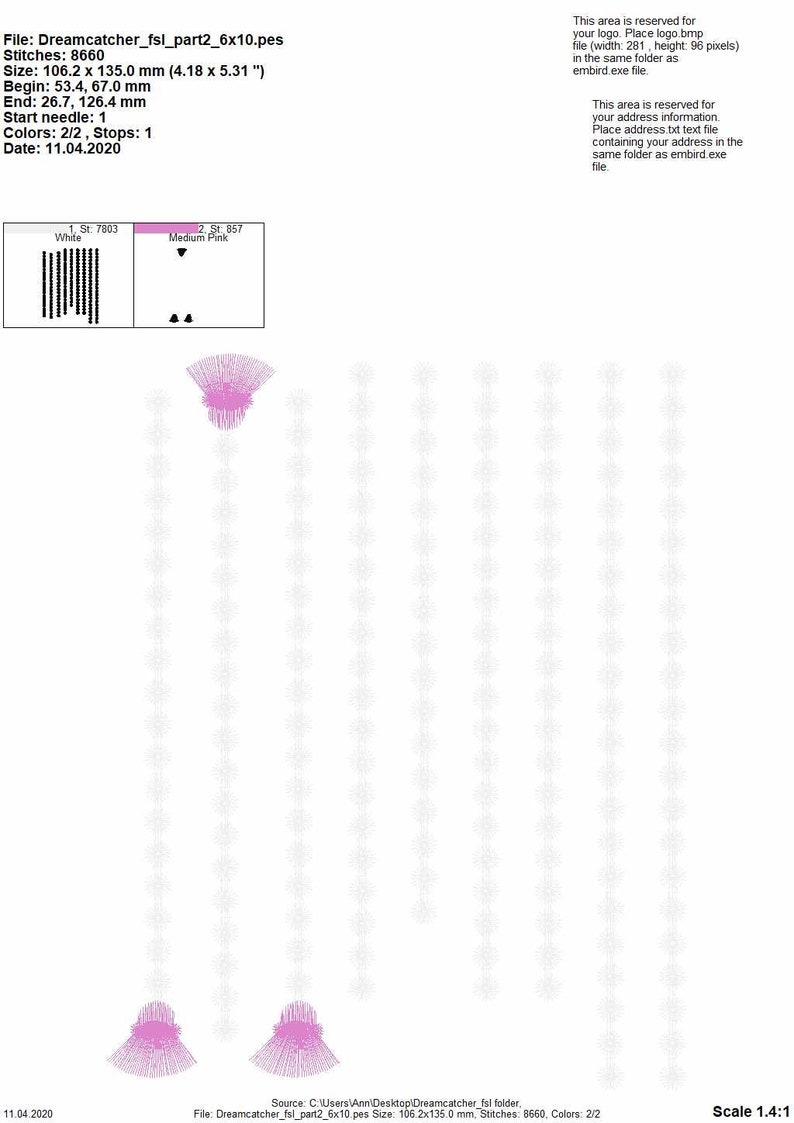 May include: A digital embroidery design of a pink flower with white stems. The design is 106.2 mm wide and 135.0 mm tall. The design is for a machine embroidery project.