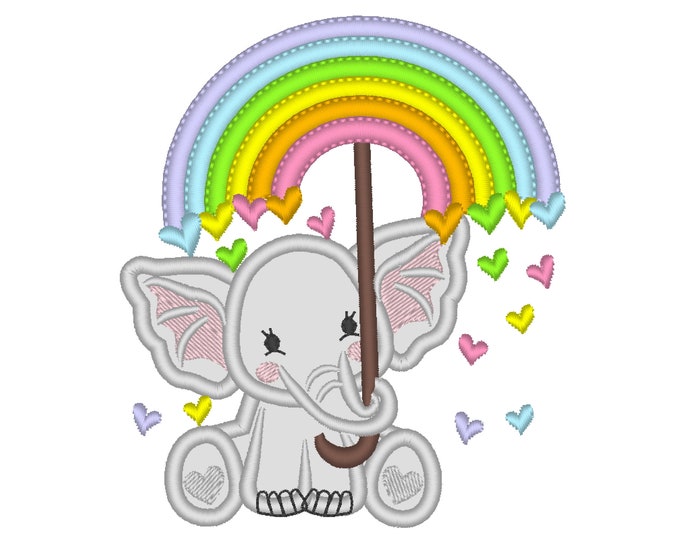 Cute Little Elephant holding up Rainbow Umbrella falling hearts machine embroidery applique design many sizes, elephant baby kids heart paw