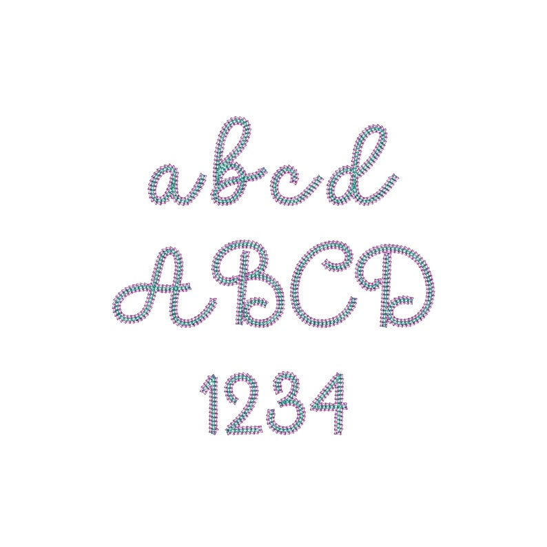 Puede incluir: Sobre un fondo blanco, se muestran las letras min&uacute;sculas y may&uacute;sculas A, B, C, D, junto con los n&uacute;meros 1, 2, 3 y 4. Las letras y los n&uacute;meros est&aacute;n en cursiva y est&aacute;n hechos de peque&ntilde;as cuentas de colores.