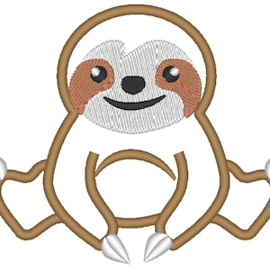 May include: A brown and white cartoon sloth sitting with its arms crossed. The sloth has a happy expression on its face.