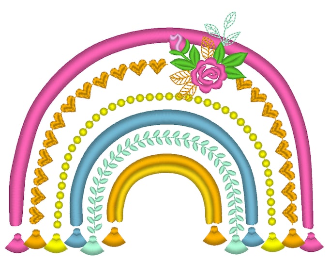 Boho rainbow with roses and tassels machine embroidery design assorted sizes hearts flower pearl floral delicate girly rainbow design