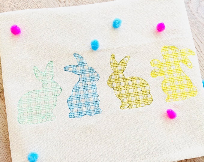 Gingham tartan checkered plaid Easter bunny 4 four Easter bunnies in a row light sketch stitch outline Machine embroidery designs many sizes