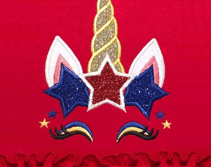 Pretty eyes Unicorn head with star crown patriotic applique machine embroidery designs Rainbow unicorn kids girls tshirt outfit