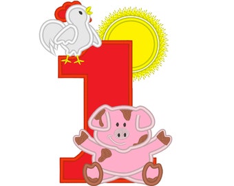 Farm birthday number one 1 with Pig and Rooster - cute farm theme machine embroidery applique design 5x7 INSTANT DOWNLOAD