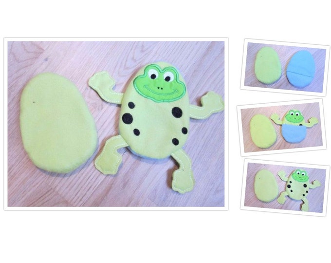 Frog hiding EGG ITH embroidery, In The Hoop Machine Embroidery designs, super simply kids kinder surprising surprise egg toy embroidery