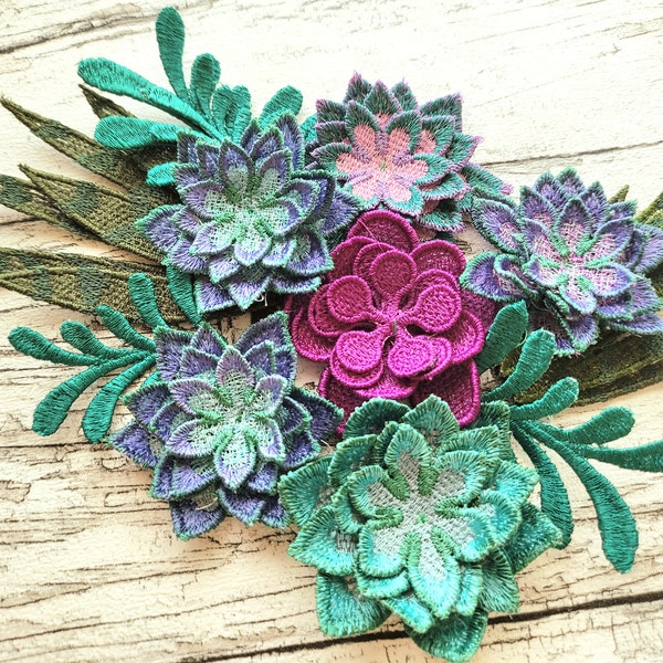 Succulents succulent delicate lace flowers SET of 4 types FSL Free standing lace machine embroidery designs 4x4, 5x7 assorted sizes flower