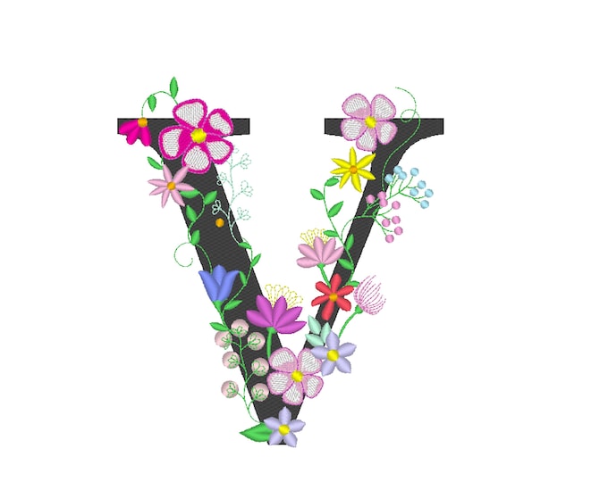 Floral letter V garden flag monogram lace swirl flowers block font and mini Font machine embroidery design monogram V only 4, 5, 6 and 8 in