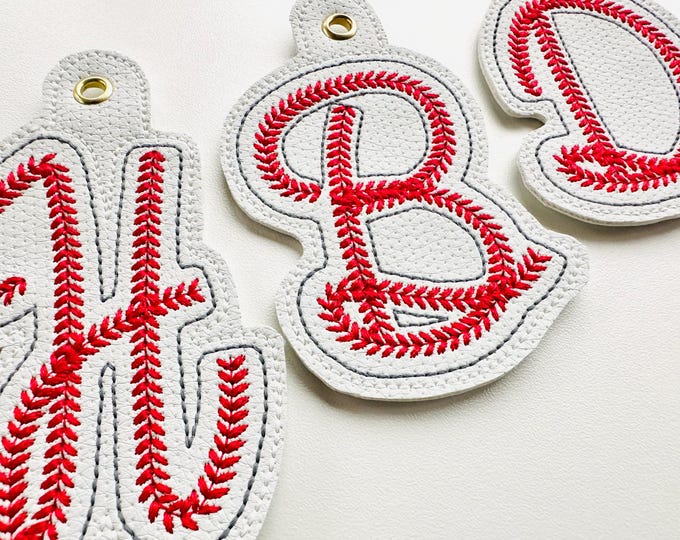 Baseball stitch Sports Monogram handwritten Font Eyelet and Key Fob Snap Tab in the hoop ITH machine embroidery designs keychain gift idea