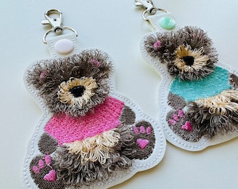 Fringed Fluffy Teddy Bear baby with shirt Eyelet and Key Fob Snap Tab in the hoop machine embroidery designs ITH keychain animal kids tag