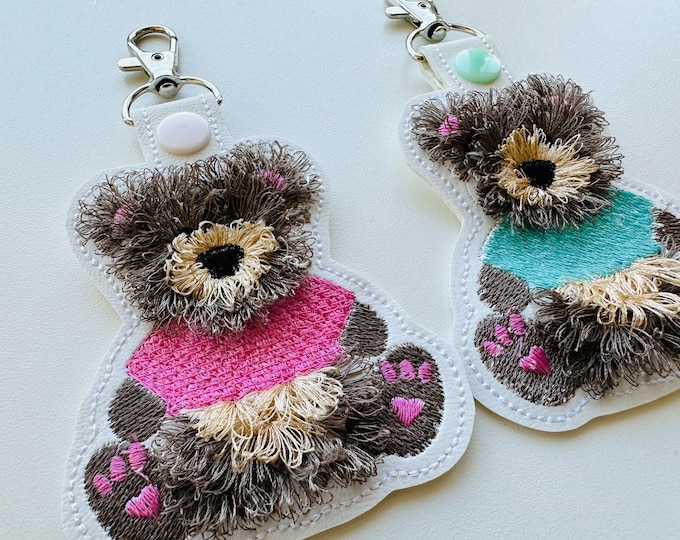 Fringed Fluffy Teddy Bear baby with shirt Eyelet and Key Fob Snap Tab in the hoop machine embroidery designs ITH keychain animal kids tag