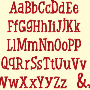 May include: Red uppercase letters of the alphabet, A through Z, and an ampersand symbol. The letters are outlined in black and have a slightly textured appearance.