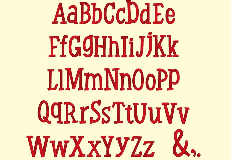 May include: Red uppercase letters of the alphabet, A through Z, and an ampersand symbol. The letters are outlined in black and have a slightly textured appearance.