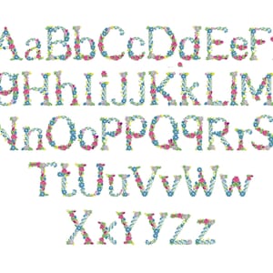 May include: An alphabet with each letter formed by a wreath of colourful flowers. The letters are in uppercase and lowercase.