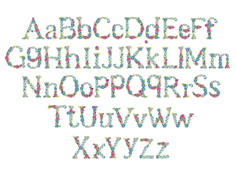 May include: An alphabet with each letter formed by a wreath of colourful flowers. The letters are in uppercase and lowercase.